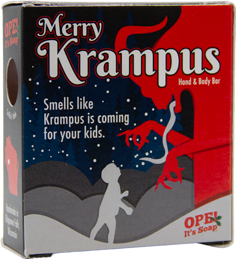 Back of the Ope! It’s Soap Merry Krampus soap box featuring a red Krampus reaching toward a child in a snowy forest, with the tagline “Smells like Krampus is coming for your kids.”