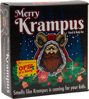 Ope! It’s Soap Merry Krampus soap box featuring a horned Krampus in a Santa hat surrounded by holiday gifts, holly, candy canes, and snowy pine trees, with the tagline “Smells like Krampus is coming for your kids.”