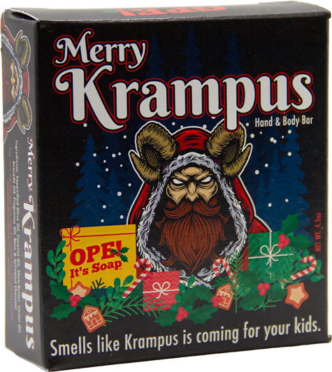 Ope! It’s Soap Merry Krampus soap box featuring a horned Krampus in a Santa hat surrounded by holiday gifts, holly, candy canes, and snowy pine trees, with the tagline “Smells like Krampus is coming for your kids.”