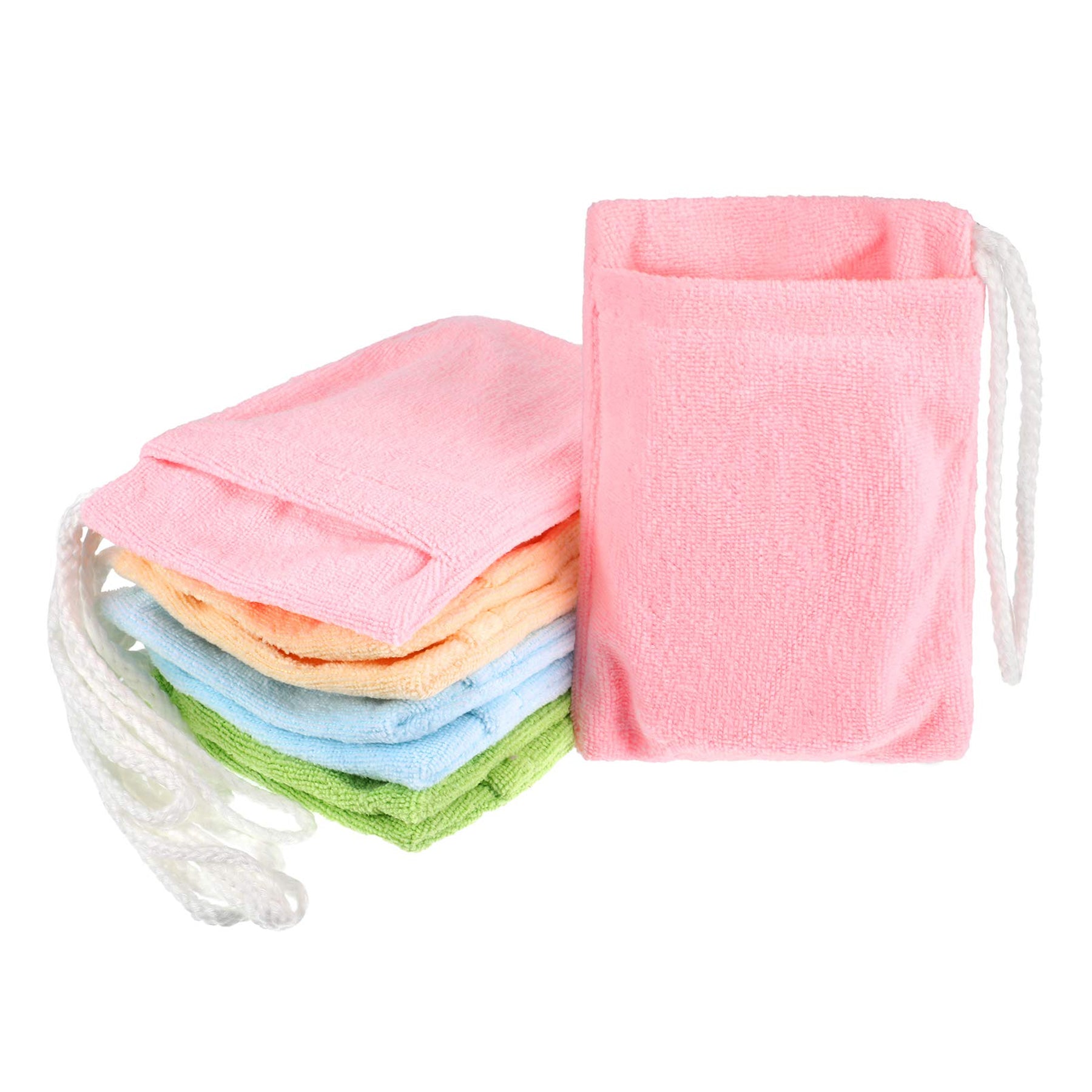 A stack of reusable microfiber cleaning cloths in pink, light yellow, light blue, and green, shown next to a pink drawstring pouch on a white background.