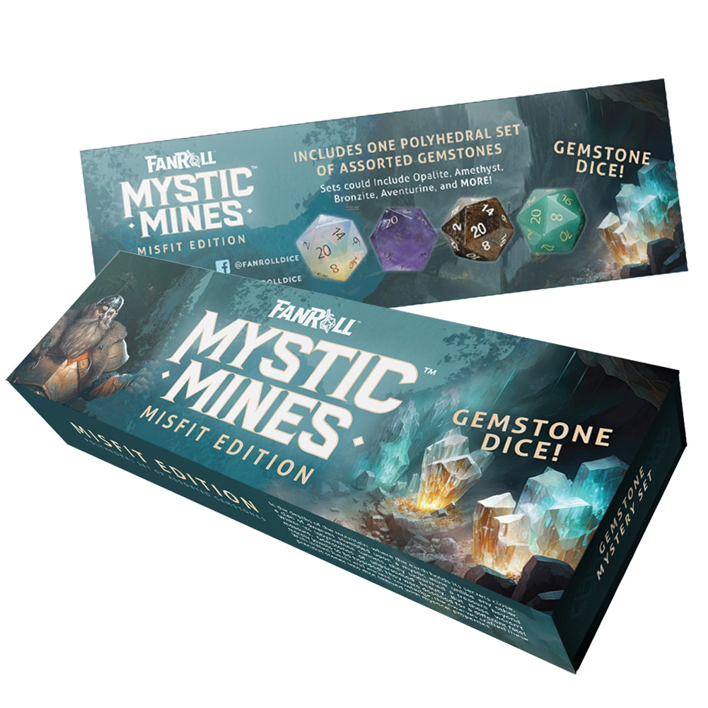 Two FanRoll Mystic Mines Misfit Edition boxes shown on a plain white background, with one box standing upright and the other lying on its side. The packaging features dark teal artwork with glowing gemstones and large white title text.