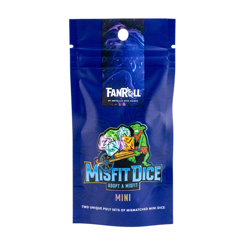 A blue resealable stand-up pouch for FanRoll Misfit Dice Mini, featuring a cartoon illustration of dice and a green figure on the front, photographed on a plain white background.