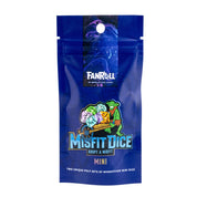 A blue resealable stand-up pouch for FanRoll Misfit Dice Mini, featuring a cartoon illustration of dice and a green figure on the front, photographed on a plain white background.