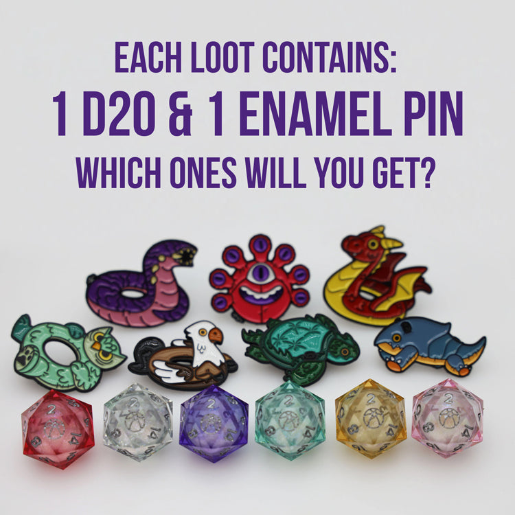Foam Brain Games Pool Party Mystery Loot collection featuring seven colorful fantasy creature pool float enamel pins and six translucent liquid core D20 dice in assorted colors. Each mystery pack contains one pin and one die.