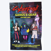 Front and back of Cyberpunk RED Gangs & Gear Mystery Loot packaging by Foam Brain Games, showing six collectible gang pinatures, six cybergear coin designs, and neon futuristic artwork.