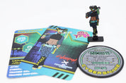 Cyberpunk RED Piranhas character set featuring a fighter in black and neon green streetwear with a weapon over one shoulder, illustrated character and stats cards, matching pinature, and Cybersnake cybergear coin.
