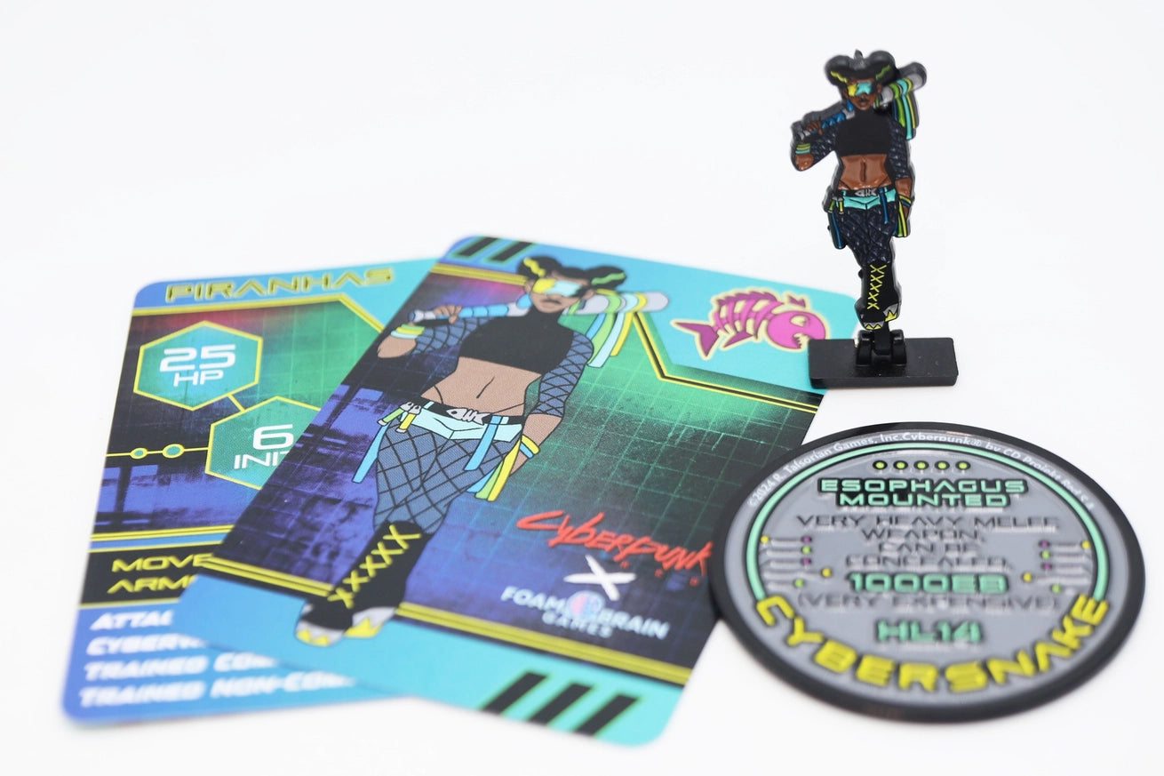 Cyberpunk RED Piranhas character set featuring a fighter in black and neon green streetwear with a weapon over one shoulder, illustrated character and stats cards, matching pinature, and Cybersnake cybergear coin.