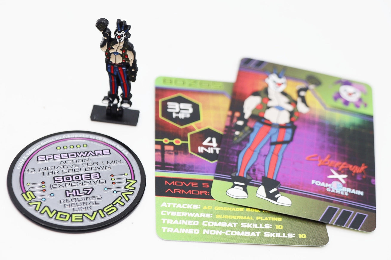 Cyberpunk RED Speedware character set featuring a punk with spiked blue hair, striped pants, and a grenade, alongside illustrated character and stats cards and a Sandevistan cybergear coin.