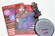 Cyberpunk RED 6th Street character set featuring an armed man in a brown jacket, blue pants, and boots, with matching character and stats cards, a collectible pinature, and a metal cybergear coin.