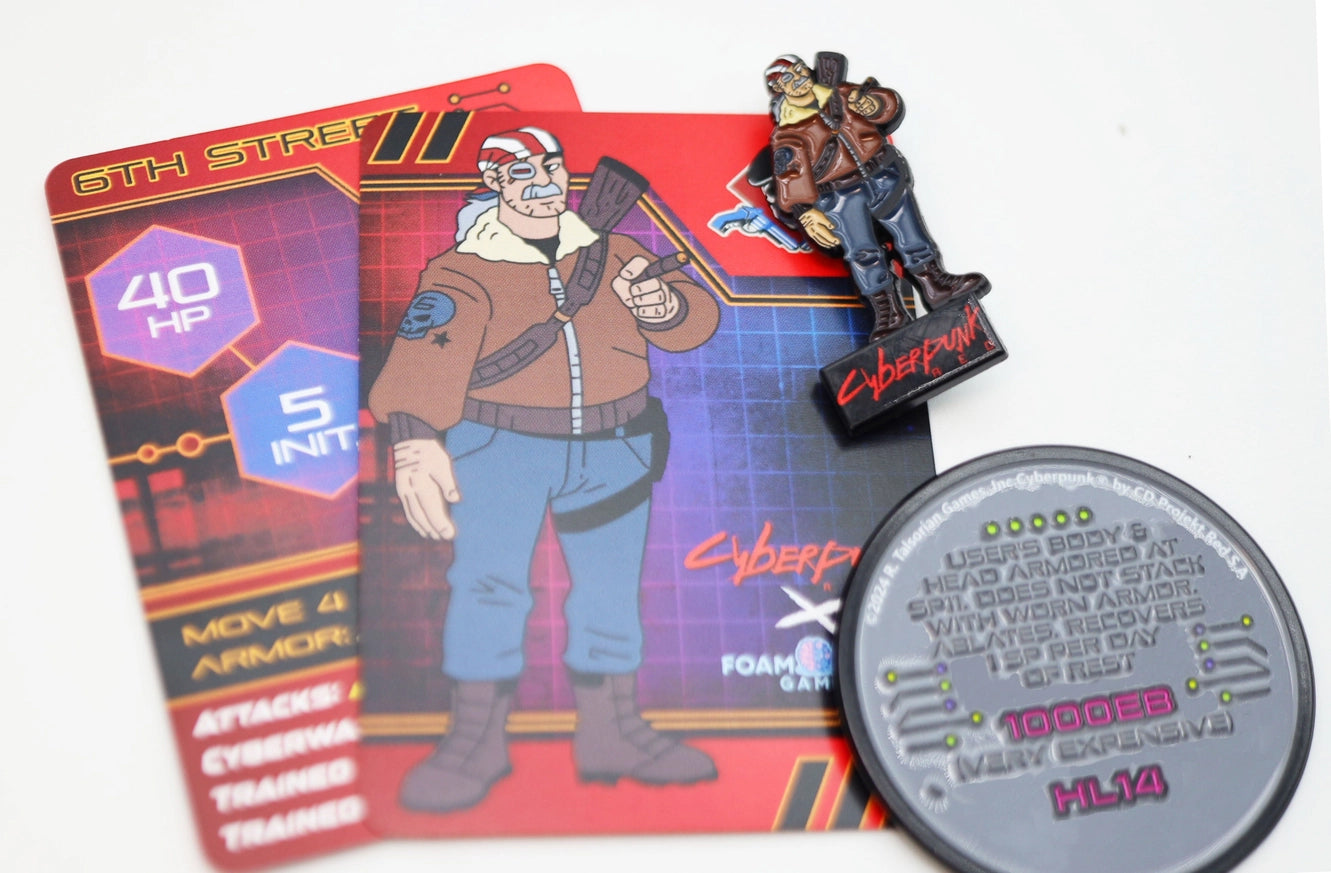 Cyberpunk RED 6th Street character set featuring an armed man in a brown jacket, blue pants, and boots, with matching character and stats cards, a collectible pinature, and a metal cybergear coin.