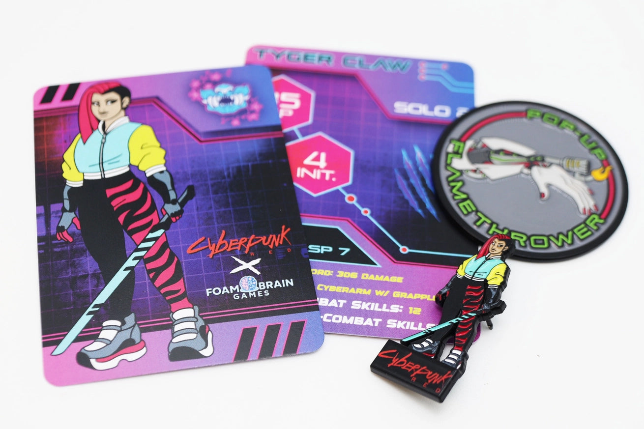 Cyberpunk RED Tyger Claw character set featuring a pink-haired woman with a futuristic sword, illustrated character and stats cards, matching pinature, and Pop-Up Flamethrower cybergear coin.