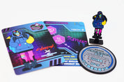 Cyberpunk RED Scavvers character set featuring a masked figure in an oversized blue hoodie and pink pants, with matching character and stats cards, collectible pinature, and Artificial Eye cybergear coin.