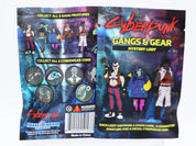 Cyberpunk RED Gangs & Gear Mystery Loot blind bag by Foam Brain Games, featuring three futuristic gang characters against a neon city background. Each pack contains a character pinature, stats card, and metal cybergear coin.