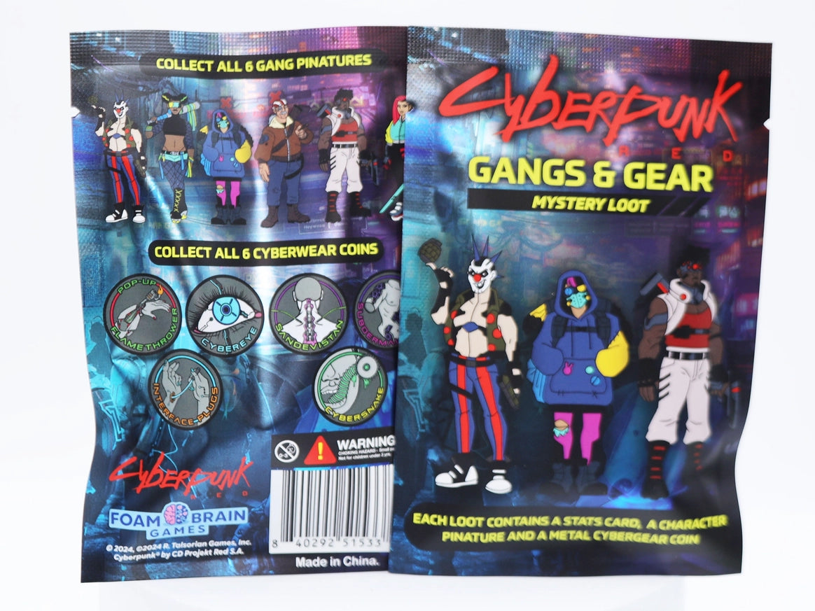 Cyberpunk RED Gangs & Gear Mystery Loot blind bag by Foam Brain Games, featuring three futuristic gang characters against a neon city background. Each pack contains a character pinature, stats card, and metal cybergear coin.
