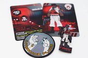 Cyberpunk RED Maelstrom character set featuring an armored fighter in red, black, and white combat gear, with matching character and stats cards, collectible pinature, and Interface Plugs cybergear coin.