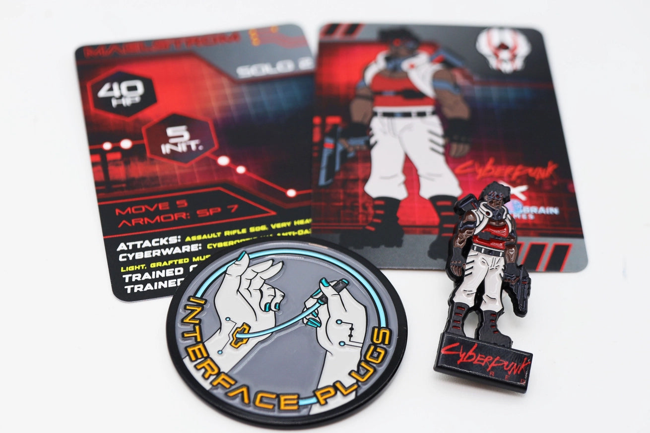 Cyberpunk RED Maelstrom character set featuring an armored fighter in red, black, and white combat gear, with matching character and stats cards, collectible pinature, and Interface Plugs cybergear coin.