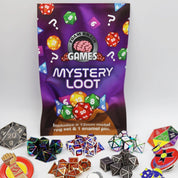Purple Foam Brain Games Mystery Loot blind bag featuring colorful polyhedral dice and question marks. Each mystery pack includes a 12mm or 14mm metal RPG dice set and one collectible enamel pin.