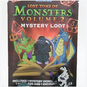 Lost Tome of Monsters Volume 2 Mystery Loot box cover art, featuring fantasy monster illustrations including a green goblin, a dark creature, a blue dragon, and a black-and-white bird on an open book against a fiery red-orange background.