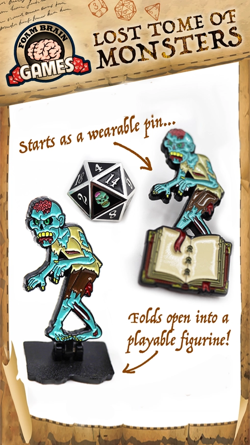 Lost Tome of Monsters collectible zombie pin by Foam Brain Games. Illustrated product display shows a blue zombie pin that unfolds into a playable tabletop gaming figurine, alongside a 20-sided die for scale.











Do you like this personality?