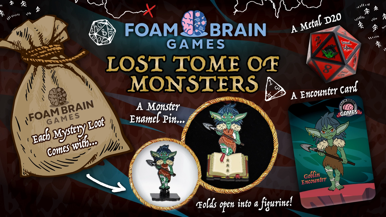 Foam Brain Games Lost Tome of Monsters Mystery Loot collection featuring a monster enamel pin that unfolds into a playable figurine, a metal D20 die, and a collectible encounter card. Illustrated examples feature a green goblin warrior.