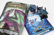 Pathfinder Lost Tome Mystery Loot featuring a blue Grindylow monster pinature, matching illustrated encounter card, blue and black metal D20 die, and dragon-themed mystery packaging on a white background.