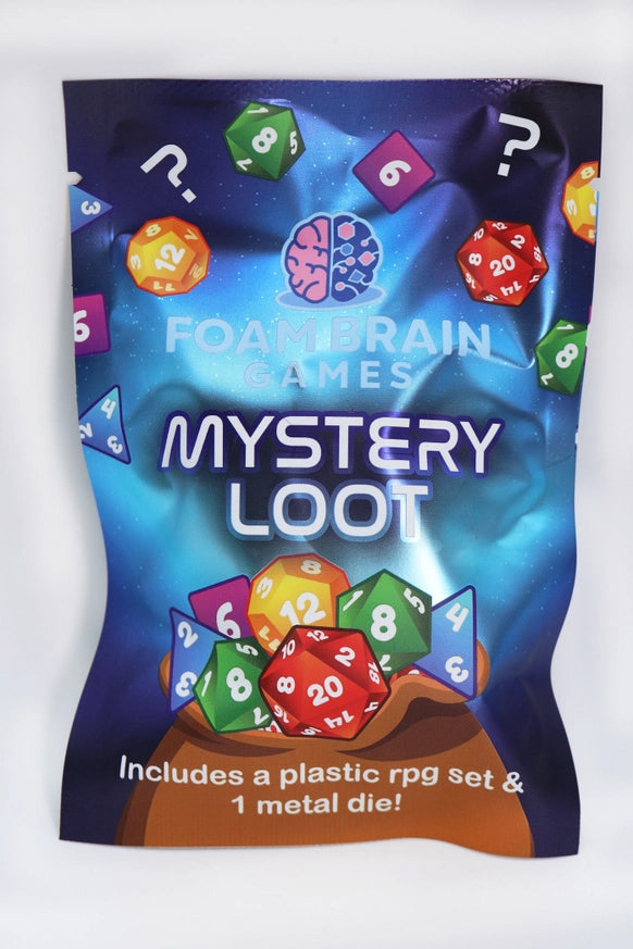 Blue Foam Brain Games Mystery Loot blind bag featuring colorful polyhedral dice illustrations and question marks. Each mystery pack contains a plastic RPG dice set and one metal die.