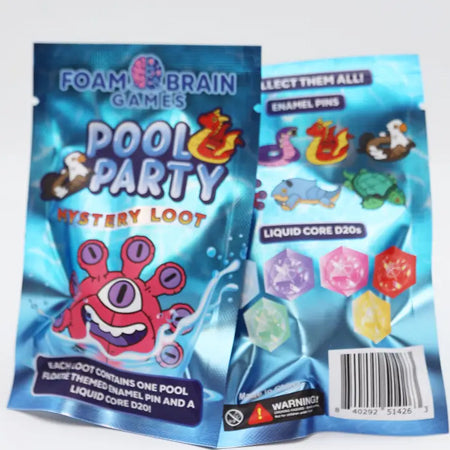 Front and back of Foam Brain Games Pool Party Mystery Loot blind bags featuring colorful pool-themed fantasy creatures, collectible enamel pin designs, and liquid core D20 dice in bright tropical colors.
