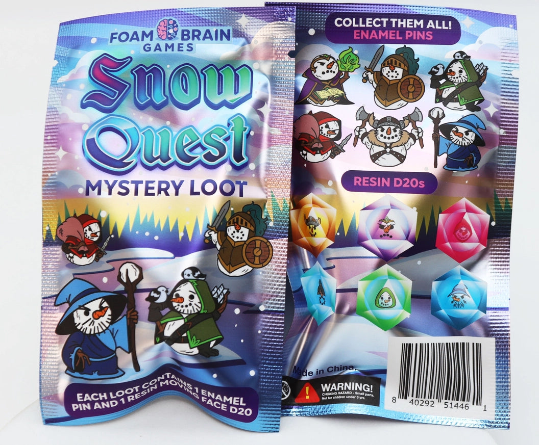 Front and back of Foam Brain Games Snow Quest Mystery Loot packaging featuring colorful winter fantasy artwork, six collectible snowman character enamel pins, and six resin D20 dice designs. Each mystery pack contains one enamel pin and one resin moving-face D20.