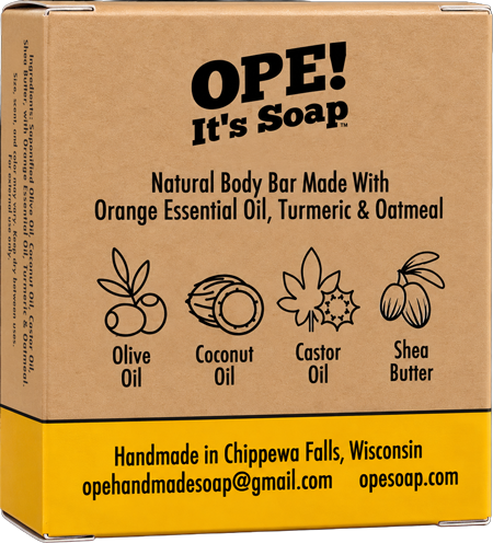 Back of the Ope! It’s Soap Natural Body Bar box featuring orange essential oil, turmeric, and oatmeal, with illustrations highlighting olive oil, coconut oil, castor oil, and shea butter.