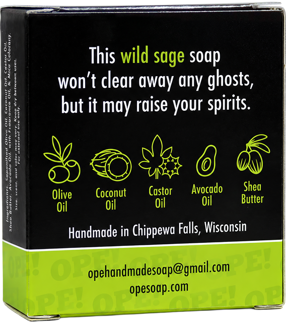 Back of the Ope! It’s Soap Opergeist soap box featuring black and lime green packaging, ingredient illustrations, and the tagline “This wild sage soap won’t clear away any ghosts, but it may raise your spirits.”