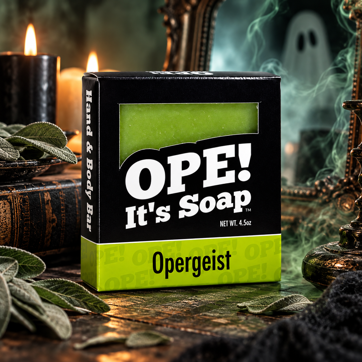 Ope! It’s Soap Opergeist sage soap box displayed in a spooky scene with sage leaves, glowing candles, swirling green mist, antique decor, and a ghostly figure reflected in a mirror.