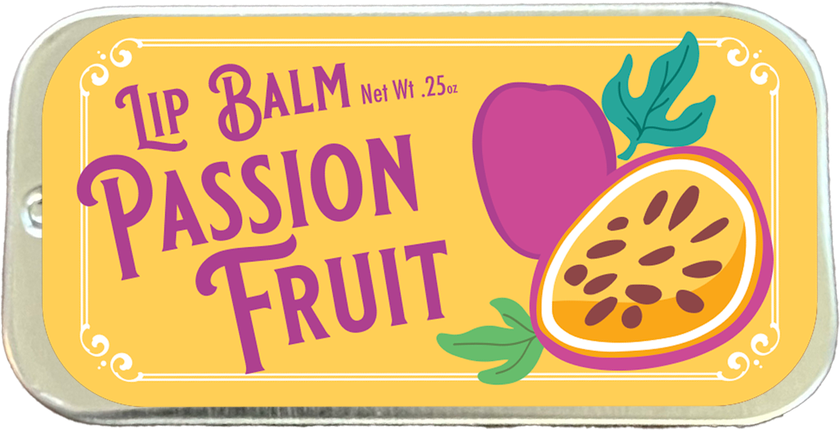 Top view of lip balm in vintage-style label of purple, yellow, and white with the words Lip Balm, Passion Fruit, Net Wt. .25oz.