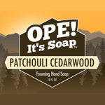 Patchouli Cedarwood soap label graphic showing a sunset and mountain silhouette
