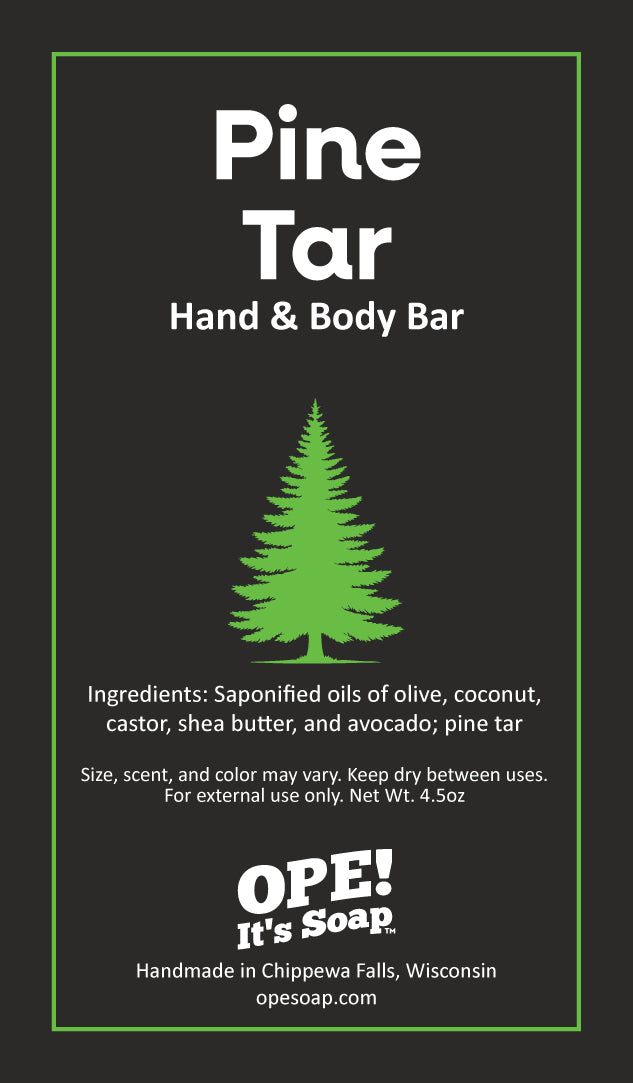 Pine Tar Hand & Body Bar ingredient card featuring a green pine tree on a charcoal background, with ingredients, product care information, and Ope! It’s Soap branding.