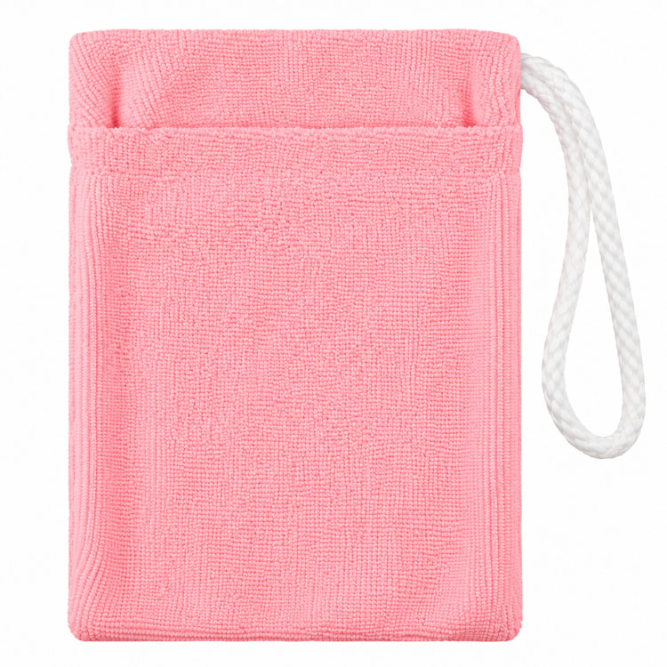 A pink textured microfiber cleaning cloth pouch with a white rope loop handle, shown on a plain white background.