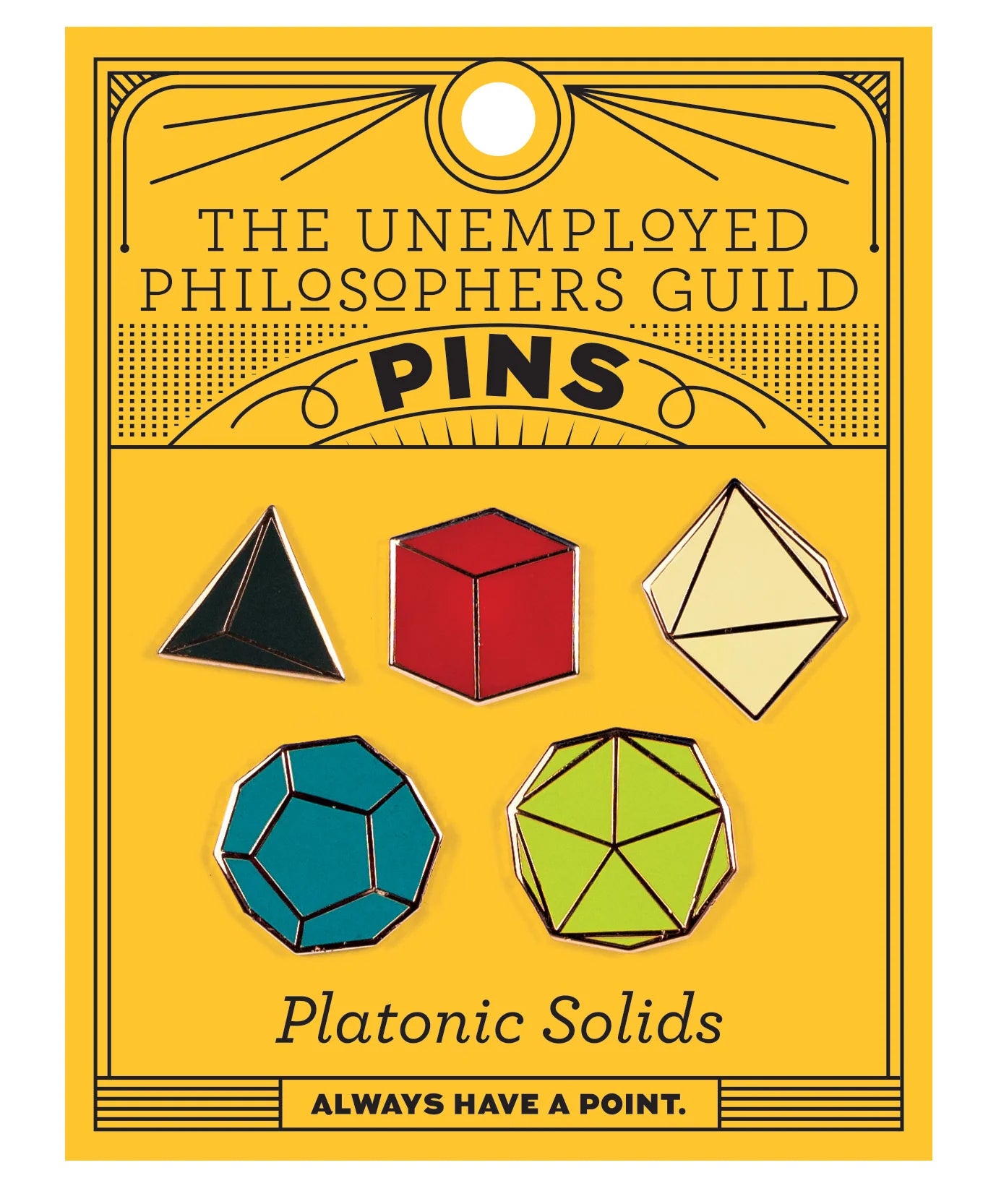 Set of five colorful Platonic Solids enamel pins representing D4, D6, D8, D12, and D20 dice in black, red, cream, teal, and green, displayed on yellow Unemployed Philosophers Guild packaging.