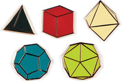Five colorful Platonic Solids enamel pins representing D4, D6, D8, D12, and D20 tabletop gaming dice in black, red, cream, teal, and green, with metallic gold outlines, arranged on a white background.
