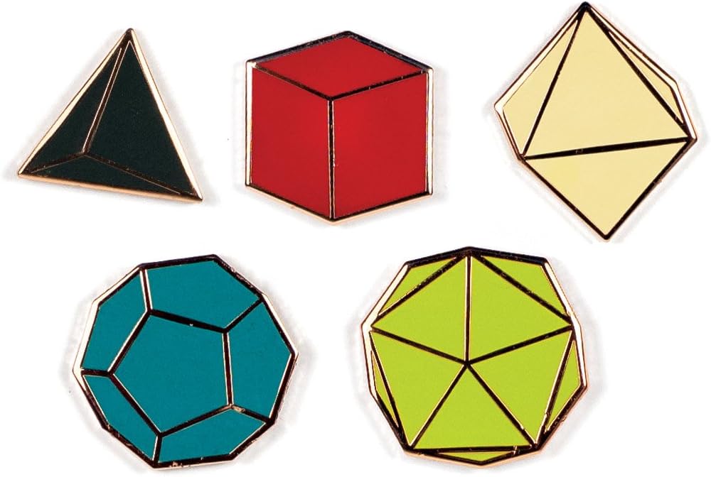Five colorful Platonic Solids enamel pins representing D4, D6, D8, D12, and D20 tabletop gaming dice in black, red, cream, teal, and green, with metallic gold outlines, arranged on a white background.