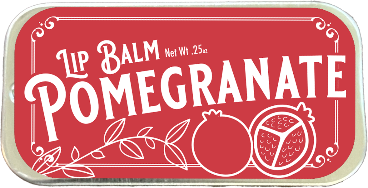 Top view of lip balm in vintage-style label of red and white with the words Lip Balm, Pomegranate, Net Wt. .25oz.