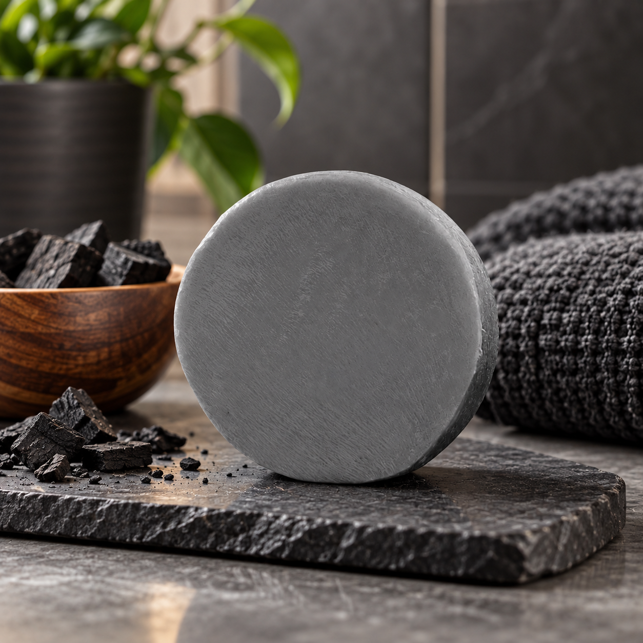 Charcoal shampoo bar displayed on a dark slate surface with pieces of charcoal, a wooden bowl, greenery, and a textured black towel in a modern, masculine setting.