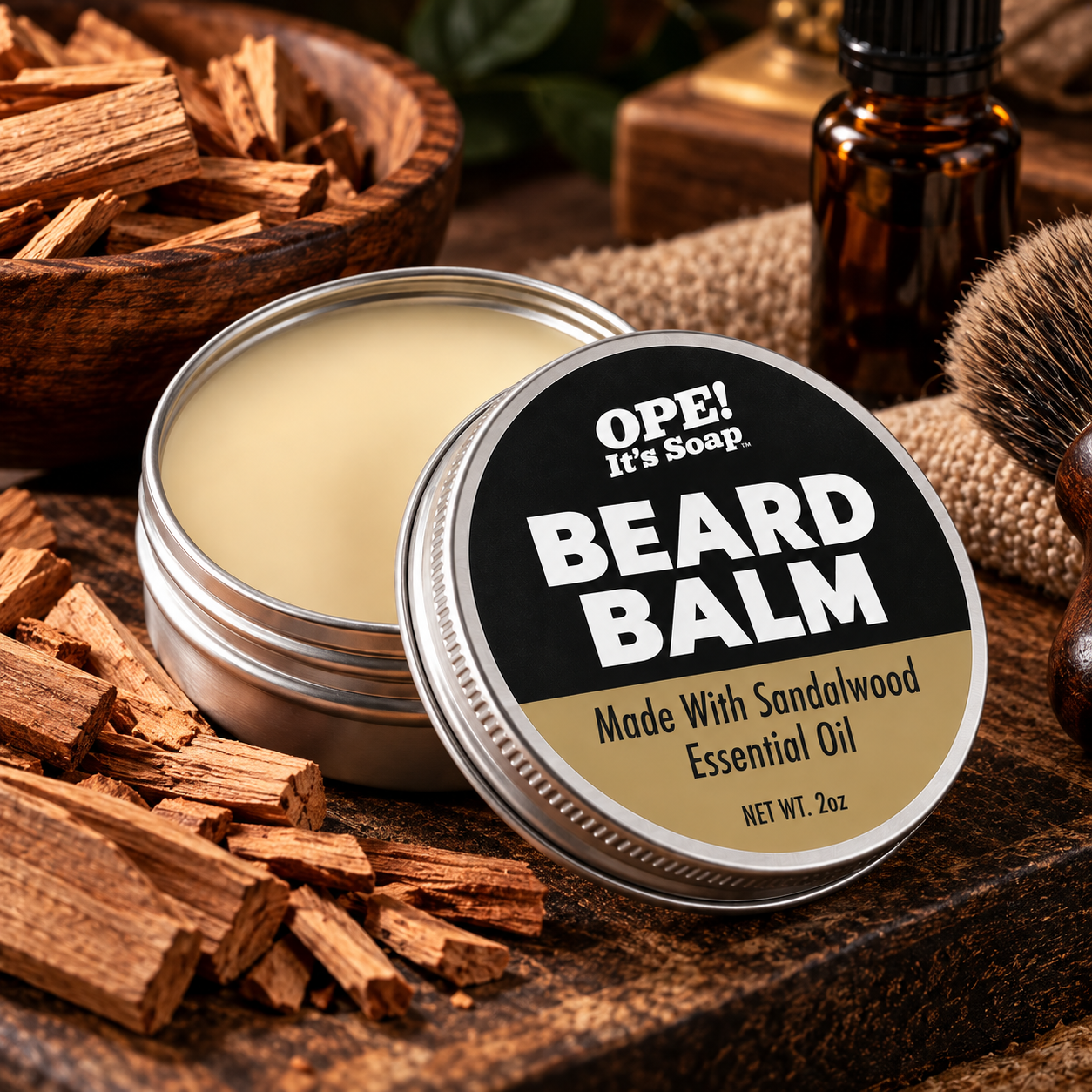 An open round tin of OPE! It's Soap Beard Balm sits on a rustic wooden surface with its lid leaning beside it. The lid label is black and tan with bold white text reading 'BEARD BALM' and 'Made With Sandalwood Essential Oil.
