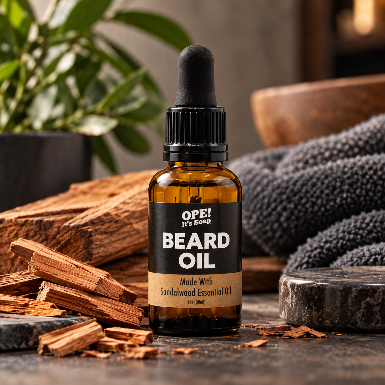 Amber glass Sandalwood Beard Oil bottle with black dropper, surrounded by sandalwood pieces, dark stone, a charcoal towel, and greenery in a warm, masculine setting.