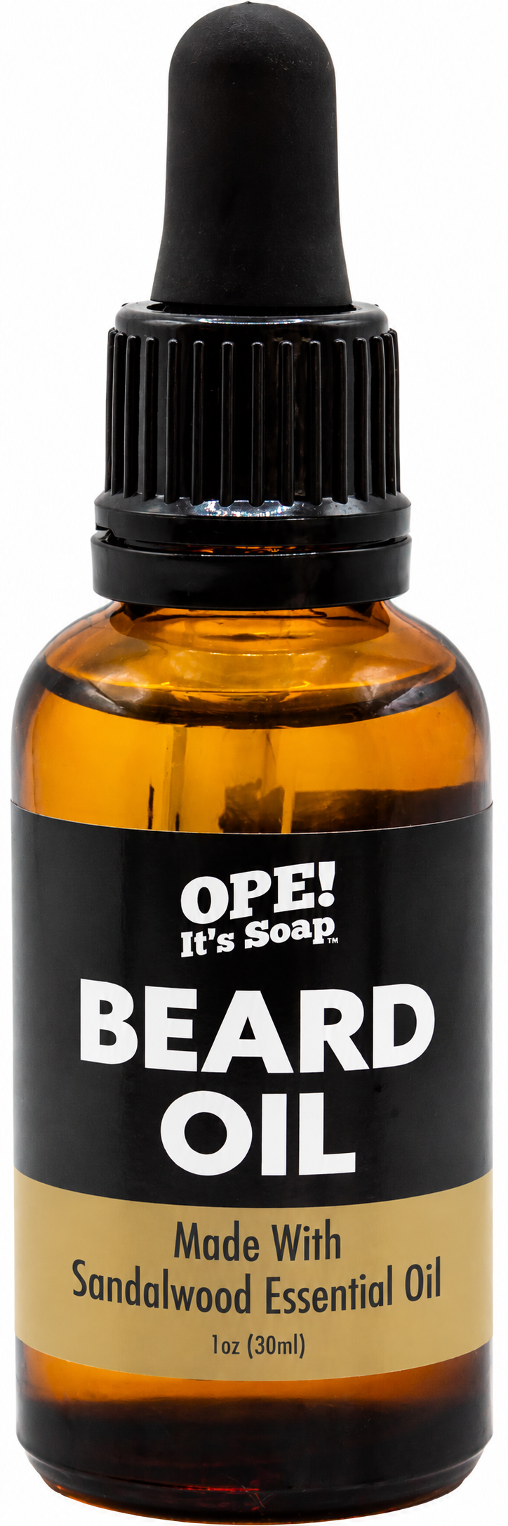Amber glass Sandalwood Essential Oil Beard Oil bottle with black dropper and a black and warm tan Ope! It’s Soap label.