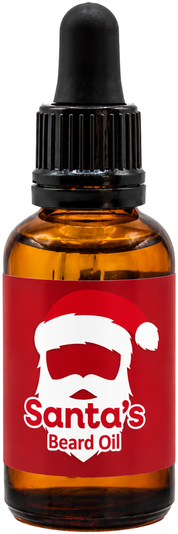 Amber glass bottle of Ope! It's Soap Santa's Beard Oil with a black dropper cap and festive red label featuring a white Santa hat and beard graphic, isolated on a clean white background.