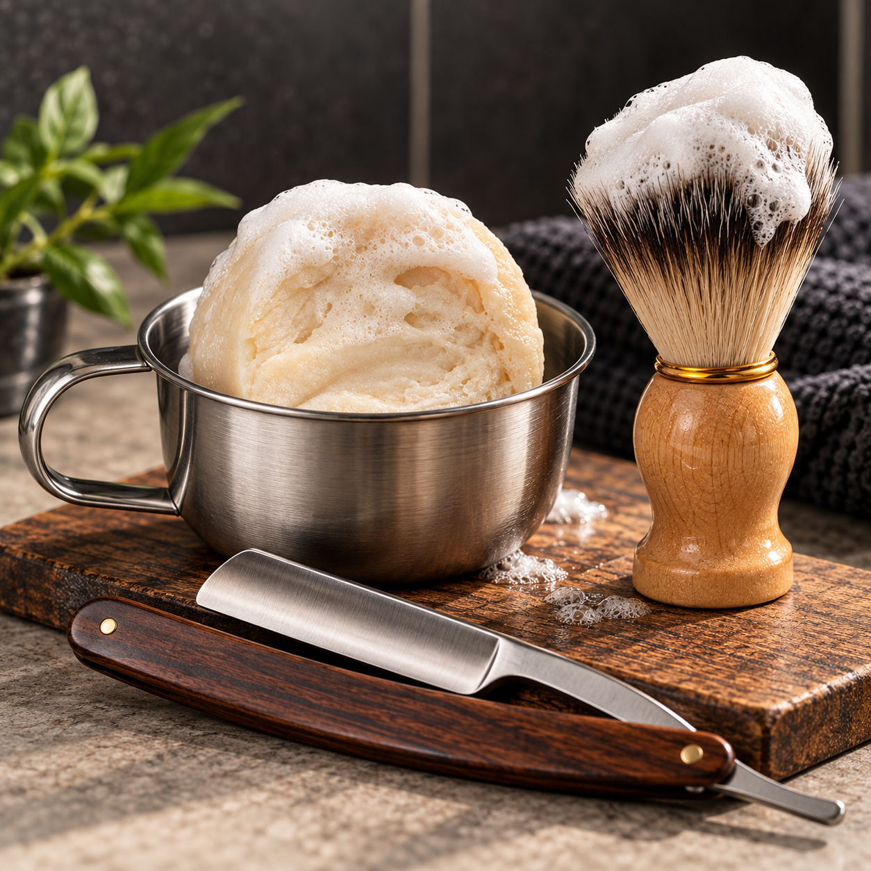 Cream colored shave soap puck with rich lather in a stainless steel shaving bowl, paired with a wooden handled shave brush topped with foam and a classic straight razor on a rustic wood surface.