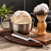Cream colored shave soap puck with rich lather in a stainless steel shaving bowl, paired with a wooden handled shave brush topped with foam and a classic straight razor on a rustic wood surface.