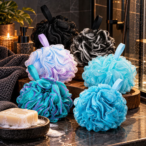 Six textured loofah bath bombs in assorted colors including turquoise, lavender, black, and gray, arranged on wooden stands in a bathroom setting with a soap dish and candles.