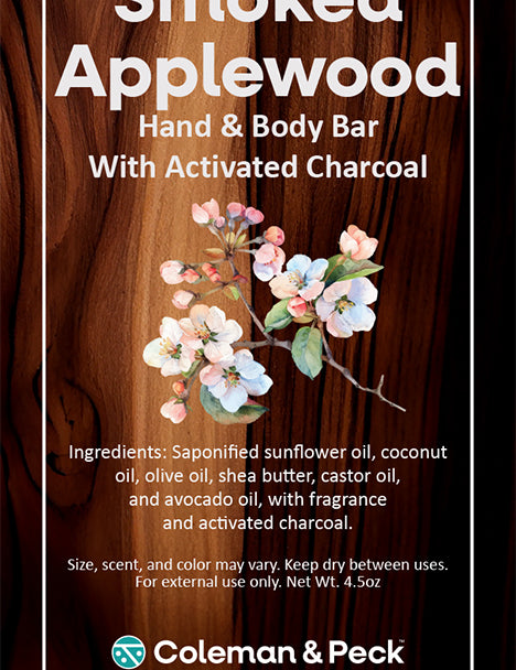 Smoked Applewood soap ingredient card featuring a vector wood background with apple blossoms.