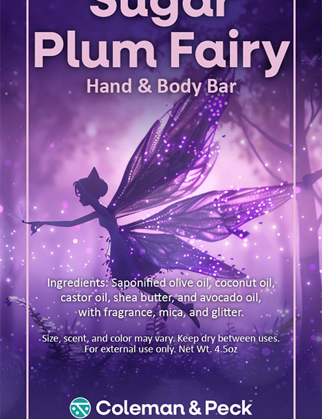 Sugar Plum Fairy soap ingredient card featuring a vector of a purple fairy in a starry forest.