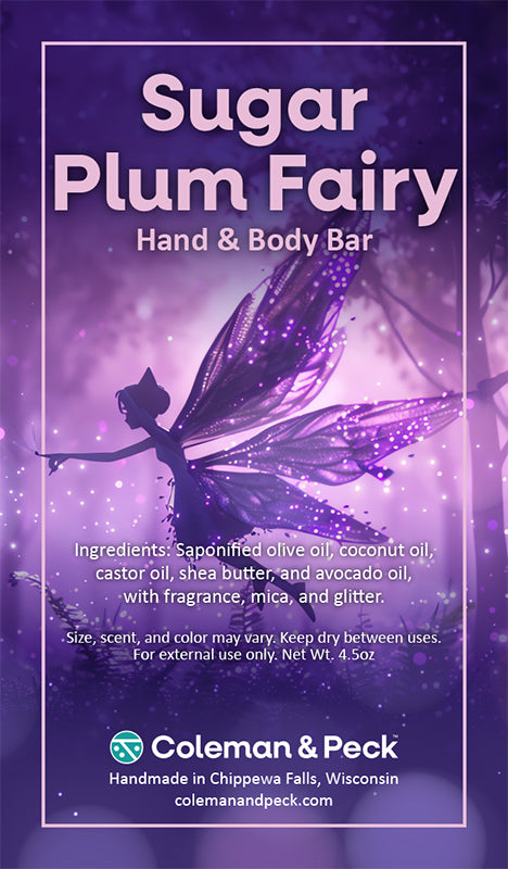 Sugar Plum Fairy soap ingredient card featuring a vector of a purple fairy in a starry forest.